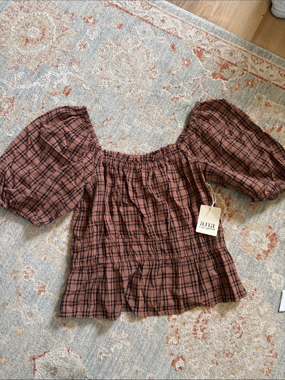 A.N.A. Plaid Puff-Sleeve Square-Neck Blouse (S)